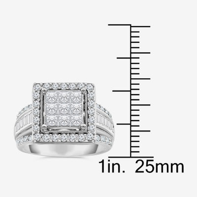 (I / I1) Womens 2 CT. T.W. Lab Grown Diamond 10K White Gold Side Stone Halo Engagement Ring