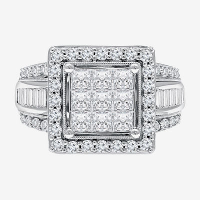 (I / I1) Womens 2 CT. T.W. Lab Grown Diamond 10K White Gold Side Stone Halo Engagement Ring