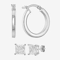 White Cubic Zirconia Sterling Silver Round 2 Pair Earring Set, One Size