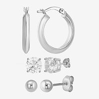White Cubic Zirconia Sterling Silver Round 3 Pair Earring Set, One Size