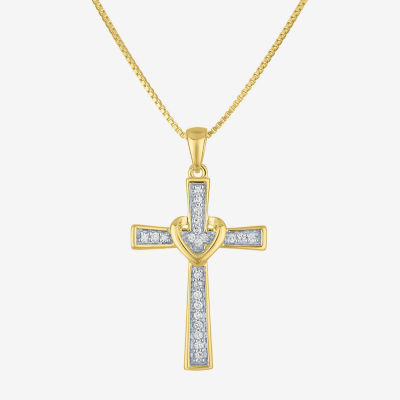 (G-H / I1-I2) Womens 1/10 CT. T.W. Lab Grown White Diamond 14K Gold Over Silver Cross Pendant Necklace