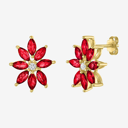 Lab Created Red Ruby 14K Gold Over Silver Sterling Silver 16mm Flower Marquise Stud Earrings, One Size
