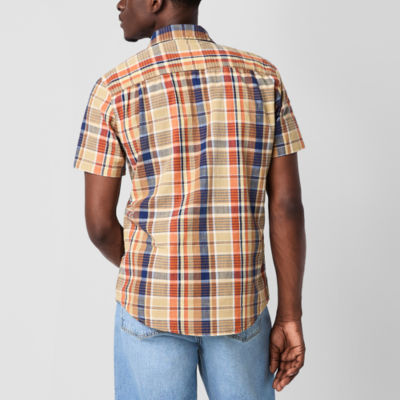 mutual weave Mens Easy-on + Easy-off Adaptive Regular Fit Short Sleeve Plaid Button-Down Shirt