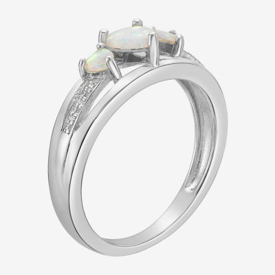 Womens Diamond Accent Lab Created White Opal Sterling Silver 3-Stone Side Stone Cocktail Ring