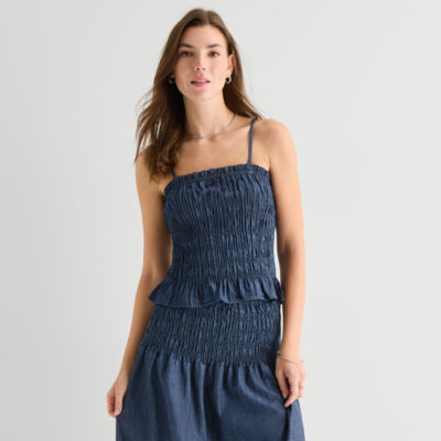 a.n.a Smocked Womens Square Neck Tank Top