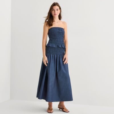 a.n.a Smocked Womens Midi A-Line Skirt