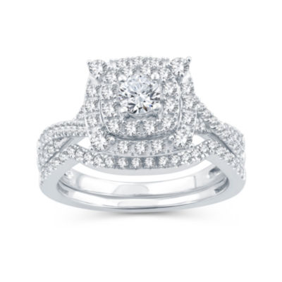 Womens 1 CT. T.W. Natural Diamond 10K White Gold Cushion Side Stone Halo Bridal Set