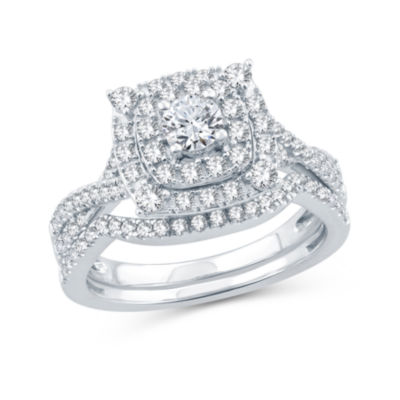 Womens 1 CT. T.W. Natural Diamond 10K White Gold Cushion Side Stone Halo Bridal Set