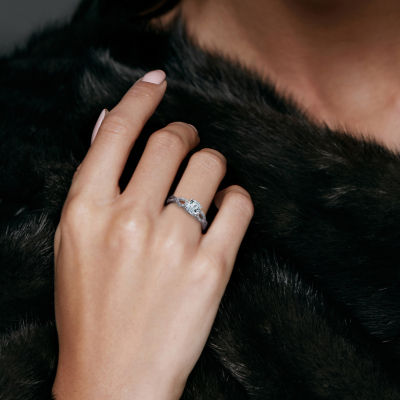 Modern Bride Gemstone Womens 1/10 CT. T.W. Genuine Blue Aquamarine 10K White Gold Round Engagement Ring