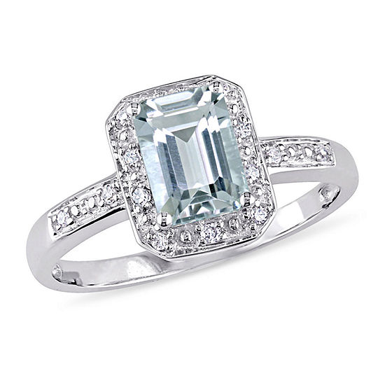Modern Bride Gemstone Womens Diamond Accent Genuine Blue Aquamarine 10K White Gold Engagement Ring