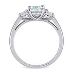 Modern Bride Gemstone Womens Genuine Blue Aquamarine Sterling Silver Oval 3-Stone Engagement Ring