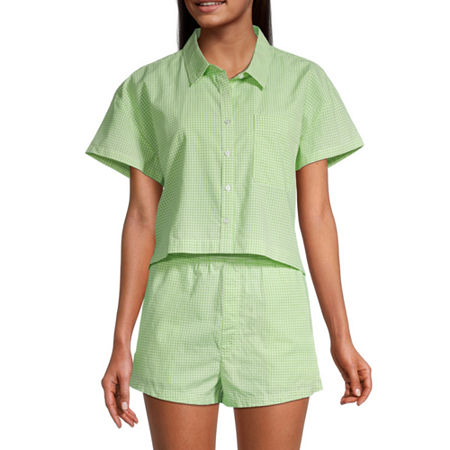  Arizona Juniors Womens Short Sleeve Boxy Fit Button-Down Shirt
