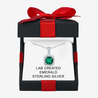 Yes Womens Lab Created Green Emerald Sterling Silver Cushion Pendant Necklaces