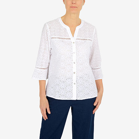  Alfred Dunner Jean Pool Womens 3/4 Sleeve Button-Down Shirt