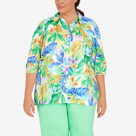  Alfred Dunner Plus Tropic Zone Womens 3/4 Sleeve Blouse