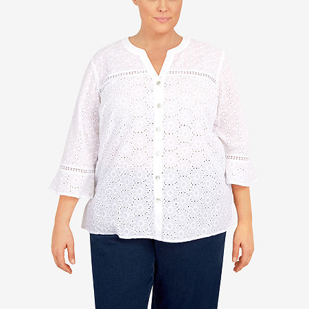  Alfred Dunner Plus Jean Pool Womens 3/4 Sleeve Button-Down Shirt