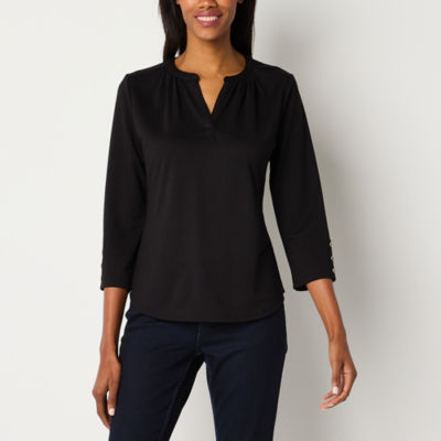 Liz Claiborne Womens Split Crew Neck 3/4 Sleeve Blouse