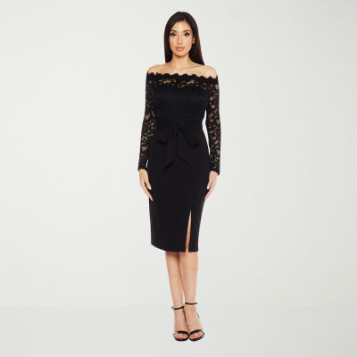 Premier Amour Lace Off the Shoulder Long Sleeve Midi Sheath Dress