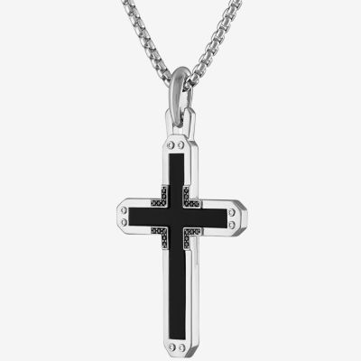 Bulova Mens 1/10 CT. T.W. Genuine Black Agate Sterling Silver Cross Pendant Necklace