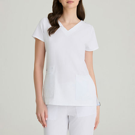 Barco Unify But167 Purpose 4-Pocket Womens V Neck Short Sleeve Stretch Fabric Moisture Wicking Wrinkle Resistant Scrub Top, Xx-small, White