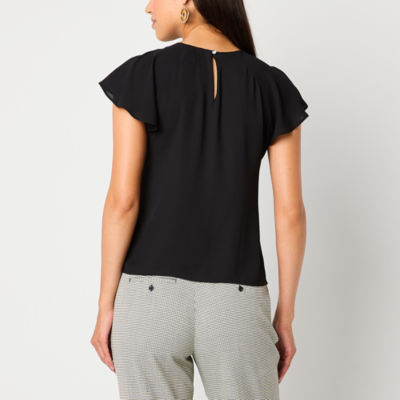 Worthington Womens Petite Round Neck Short Sleeve Blouse