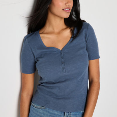 a.n.a Womens Short Sleeve Ribbed Henley Shirt