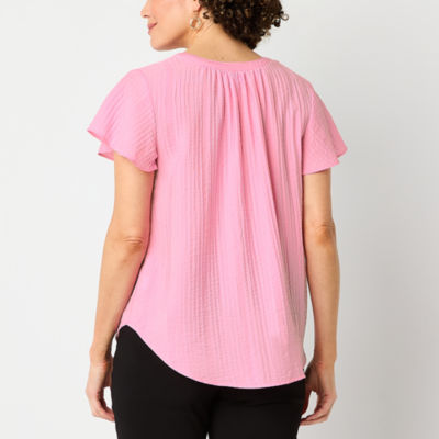 Liz Claiborne Womens Split Crew Neck Short Sleeve Blouse
