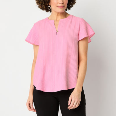 Liz Claiborne Womens Split Crew Neck Short Sleeve Blouse