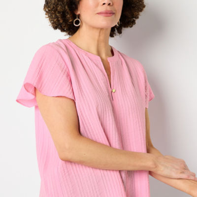 Liz Claiborne Womens Split Crew Neck Short Sleeve Blouse