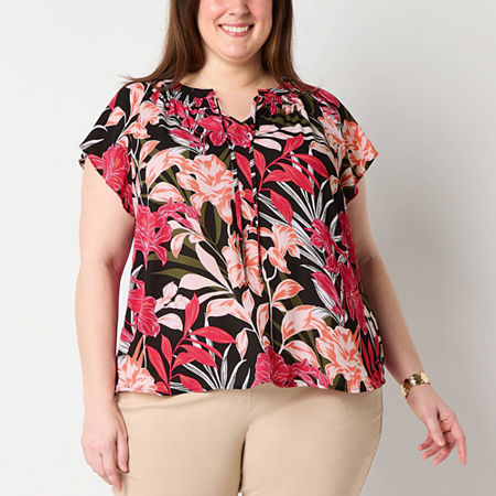 Liz Claiborne Womens Split Tie Neck Short Sleeve Plus Blouse, 3x, Red