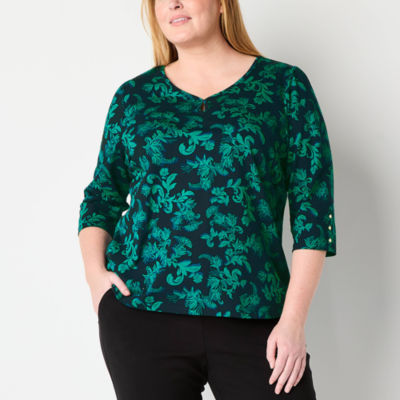 Liz Claiborne Womens Keyhole Neck 3/4 Sleeve Plus Blouse