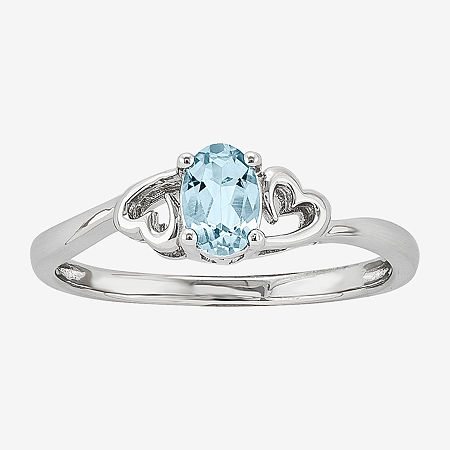 Womens Genuine Blue Aquamarine Sterling Silver Heart Oval Solitaire Cocktail Ring, 6, Aquamarine