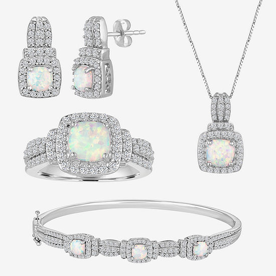 Lab-Created Opal And Cubic Zirconia Pure Silver Over Brass 4Pc Set