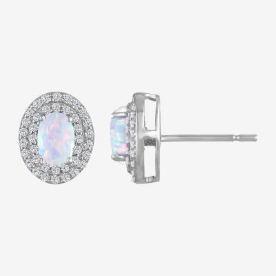 Lab-Created Opal & Lab-Create White Sapphire Double Halo Sterling Silver Stud Earrings