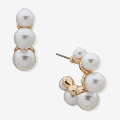 Worthington Gold Tone Graduating Womens Simulated Pearl 25.4mm Hoop Earrings