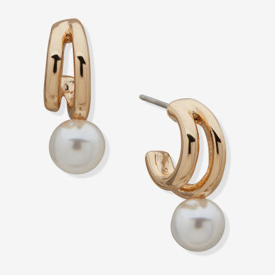 Worthington Gold Tone Single Bead Huggie Womens Simulated Pearl 20.3mm Hoop Earrings
