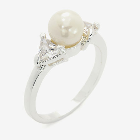 Sparkle Allure Three Stone Simulated Pearl Pure Silver Over Brass Round 3-Stone Side Stone Cocktail Ring, 9