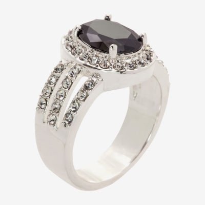 Sparkle Allure Split Shank Womens Black Crystal Pure Silver Over Brass Oval Halo Cocktail Ring