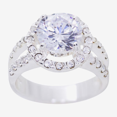 Sparkle Allure Split Shank Cubic Zirconia Pure Silver Over Brass Round Halo Engagement Ring