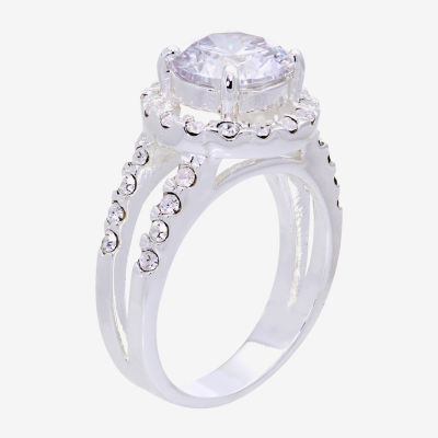 Sparkle Allure Split Shank Cubic Zirconia Pure Silver Over Brass Round Halo Engagement Ring