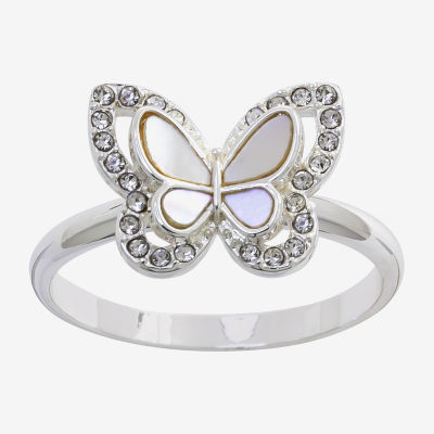 Sparkle Allure Womens White Mother Of Pearl Pure Silver Over Brass Butterfly Halo Cocktail Ring