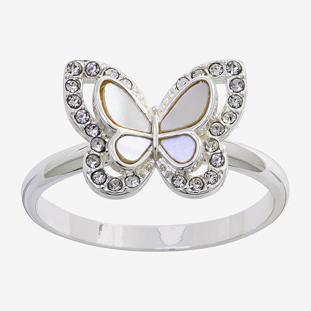 Sparkle Allure Womens White Mother Of Pearl Pure Silver Over Brass Butterfly Halo Cocktail Ring, 7