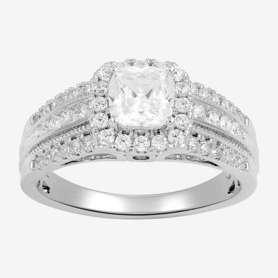 (G / I1) Womens 1 1/2 CT. T.W. Lab Grown White Diamond 10K Gold Cushion Side Stone Halo Engagement Ring