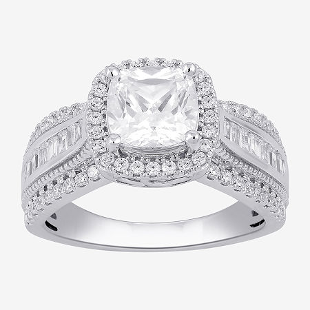 (G / I1) Womens 2 3/4 CT. T.W. Lab Grown White Diamond 10K White Gold Cushion Side Stone Halo Engagement Ring, 9, White
