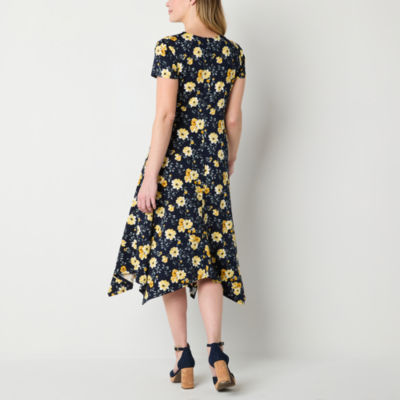 Perceptions Womens Short Sleeve Floral Midi Fit + Flare Dress