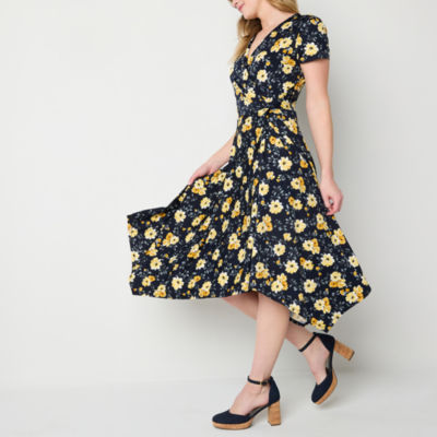 Perceptions Womens Short Sleeve Floral Midi Fit + Flare Dress