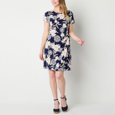 Robbie Bee Short Sleeve Puff Print Sheath Dress, Color Navy Taupe