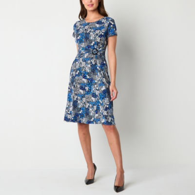 Perceptions Short Sleeve Floral Midi Fit + Flare Dress