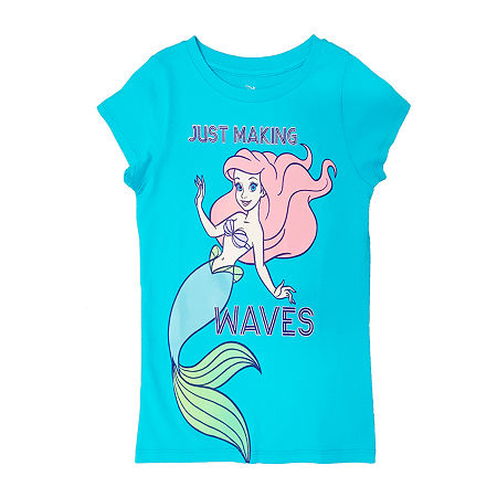 Disney Collection Little & Big Kid Girls Crew Neck Short Sleeve Regular Fit Ariel Princess The Little Mermaid Graphic T-Shirt, Xxs (2-3), Blue