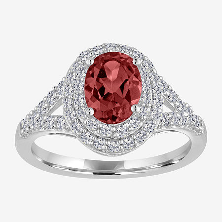 Gemstone and Lab-Created White Sapphire Sterling Silver Oval Double Halo Cocktail Ring, 9, Garnet